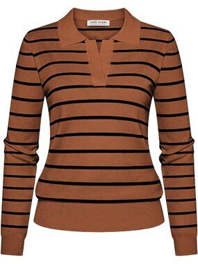 Kate Kasin Women Black Orange 1 V Neck Long Sleeve Classic Knitted Polo Sweaters